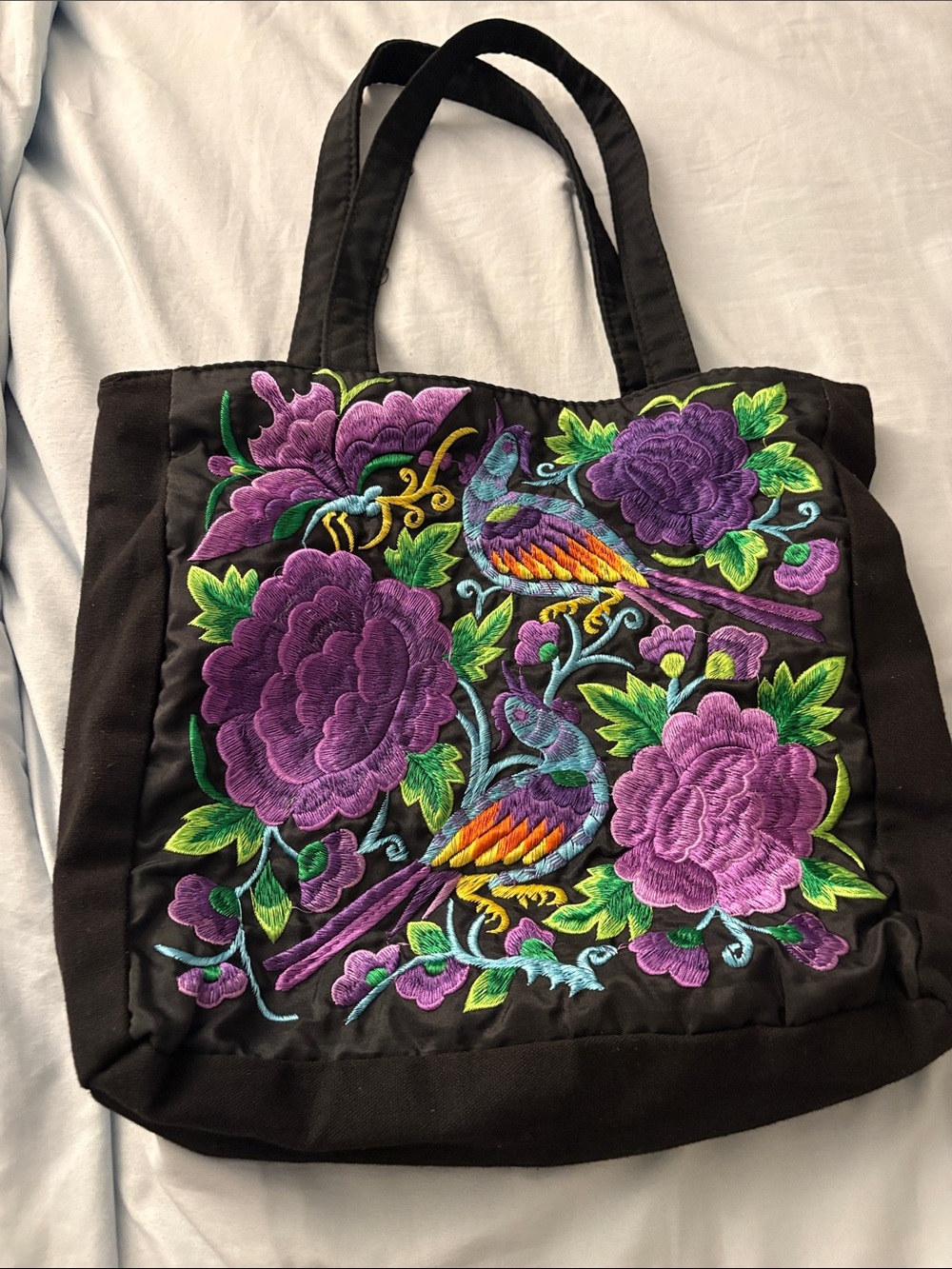 Source Unknown Black Tote with Purple Floral & Multicolor Bird Embroidery